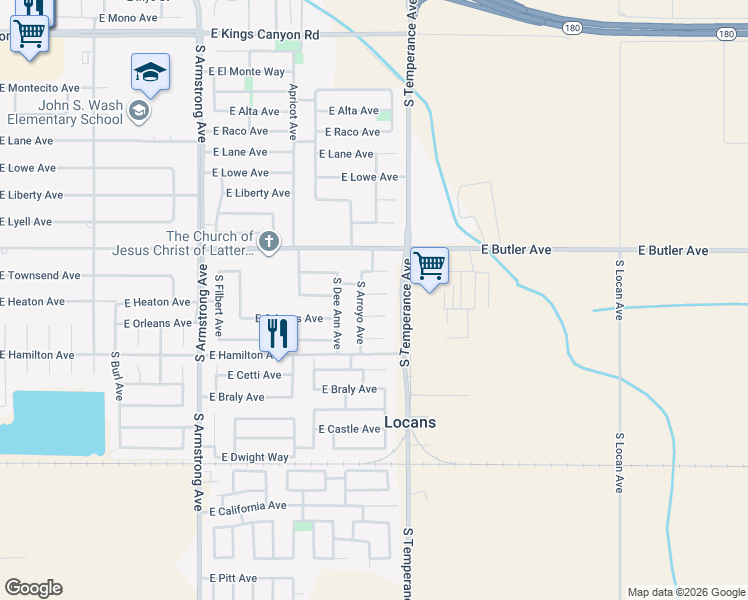 map of restaurants, bars, coffee shops, grocery stores, and more near 6874 East Orleans Avenue in Fresno