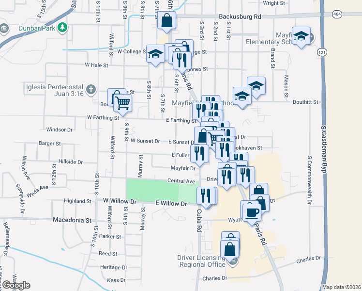 map of restaurants, bars, coffee shops, grocery stores, and more near 221 East Fuller Street in Mayfield