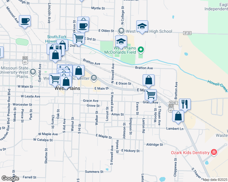 map of restaurants, bars, coffee shops, grocery stores, and more near 604 East Main Street in West Plains