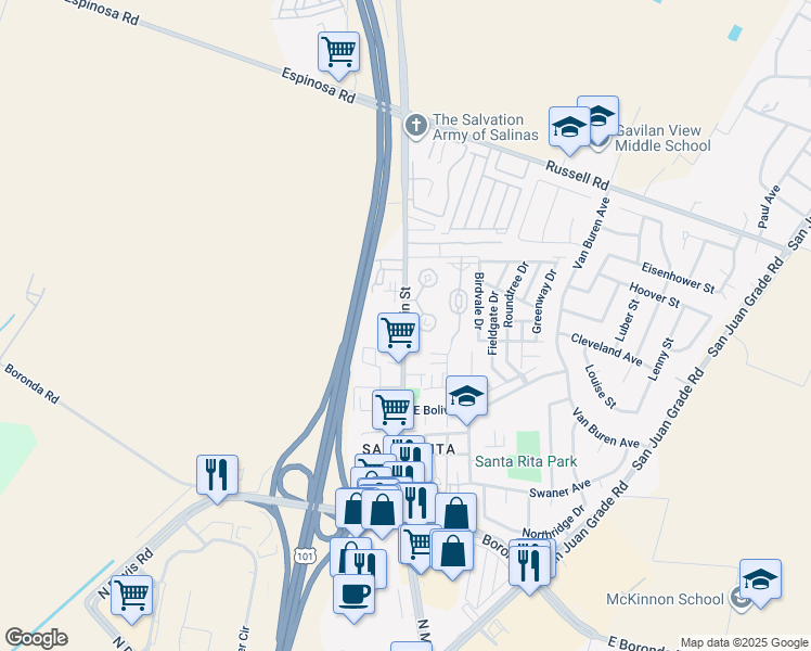 map of restaurants, bars, coffee shops, grocery stores, and more near 2262 North Main Street in Salinas