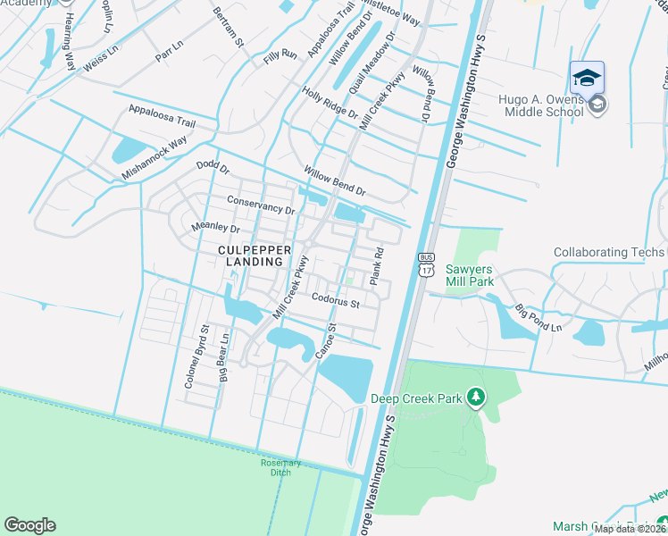 map of restaurants, bars, coffee shops, grocery stores, and more near 520 Hermit Thrush Way in Chesapeake