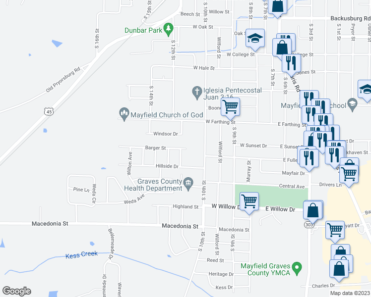 map of restaurants, bars, coffee shops, grocery stores, and more near 417 Barger Street in Mayfield