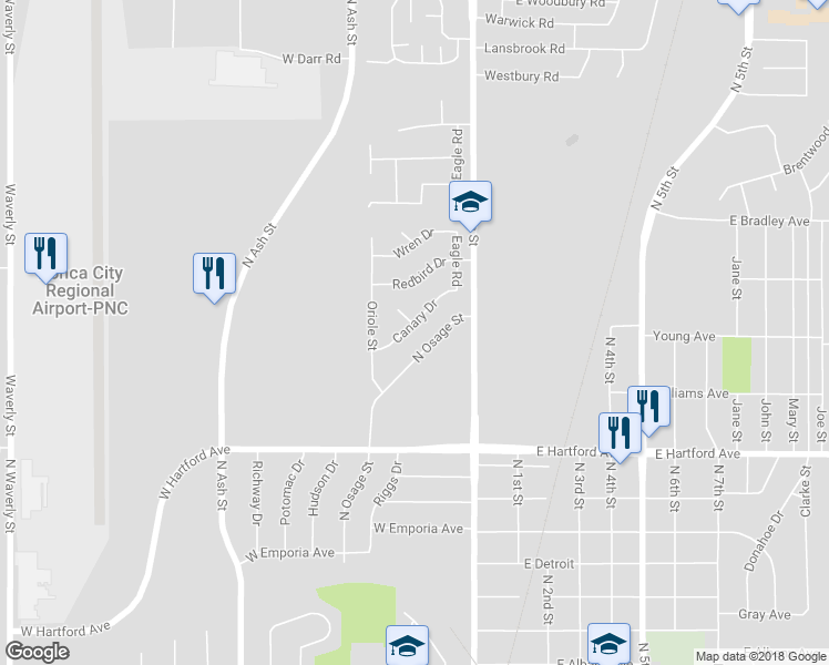 map of restaurants, bars, coffee shops, grocery stores, and more near 2119 Canary Drive in Ponca City