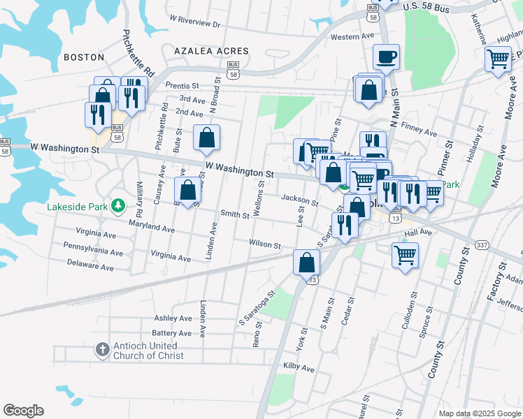 map of restaurants, bars, coffee shops, grocery stores, and more near 128 Wellons Street in Suffolk
