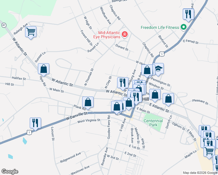 map of restaurants, bars, coffee shops, grocery stores, and more near 401-499 W Atlantic St in South Hill