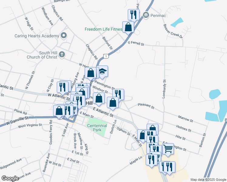 map of restaurants, bars, coffee shops, grocery stores, and more near 231 Windsor Street in South Hill