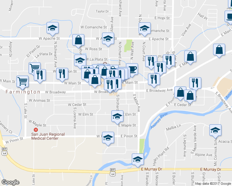 map of restaurants, bars, coffee shops, grocery stores, and more near 101 W Broadway Ave in Farmington