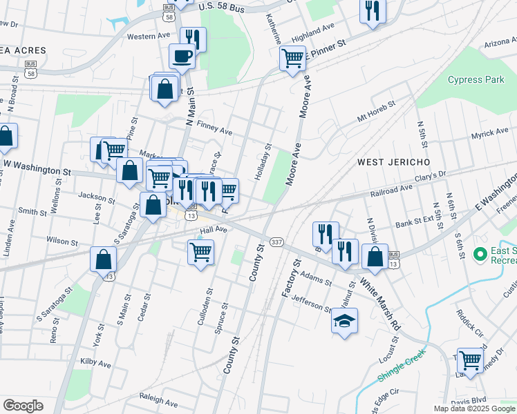 map of restaurants, bars, coffee shops, grocery stores, and more near 100 Holladay Street in Suffolk