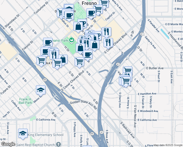 map of restaurants, bars, coffee shops, grocery stores, and more near 535 H Street in Fresno