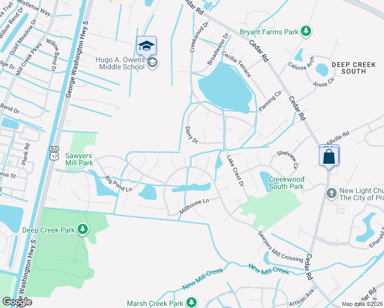 map of restaurants, bars, coffee shops, grocery stores, and more near 312 Overshot Arch in Chesapeake