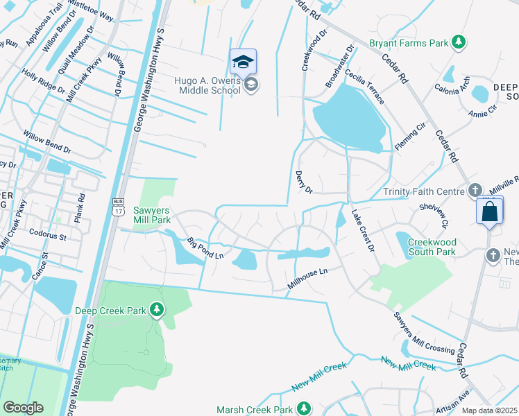 map of restaurants, bars, coffee shops, grocery stores, and more near 316 Sawmill Arch in Chesapeake