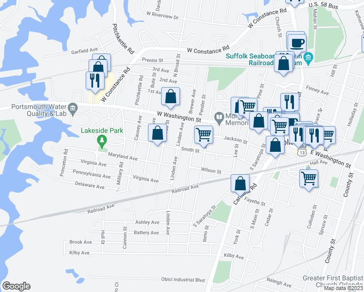 map of restaurants, bars, coffee shops, grocery stores, and more near 124 Linden Avenue in Suffolk