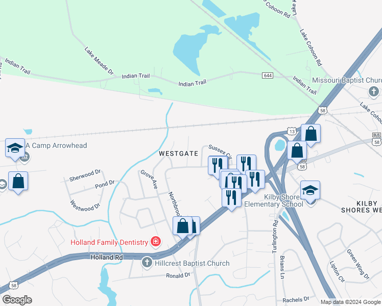 map of restaurants, bars, coffee shops, grocery stores, and more near 306 Westgate Avenue in Suffolk