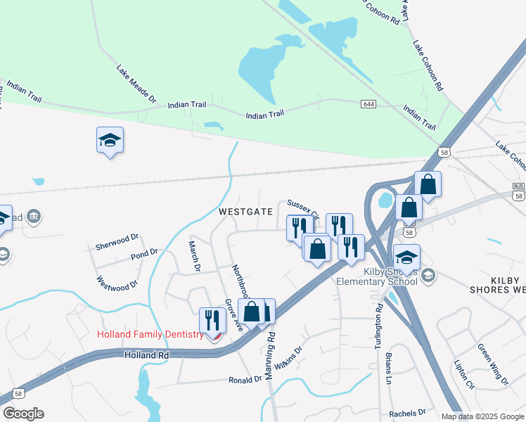 map of restaurants, bars, coffee shops, grocery stores, and more near 306 Westgate Avenue in Suffolk