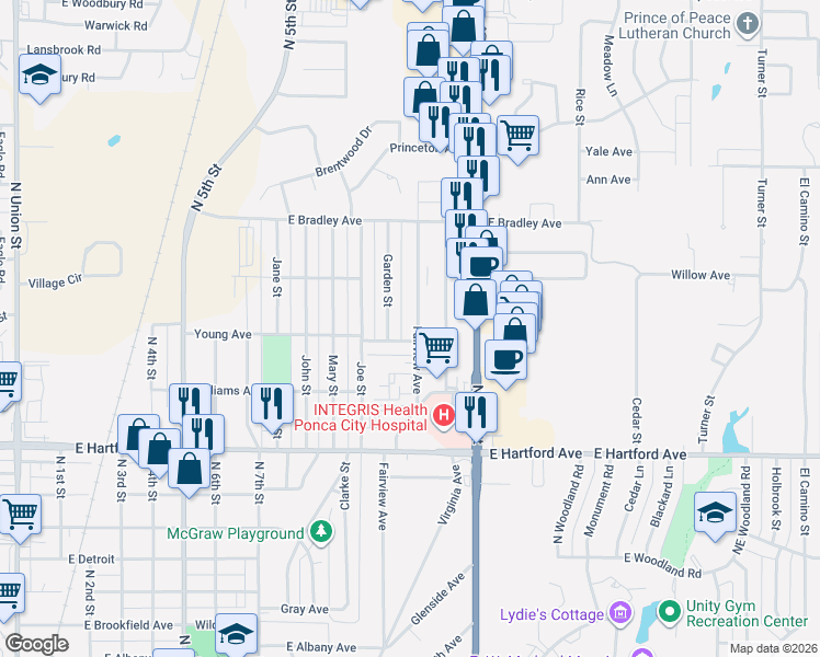 map of restaurants, bars, coffee shops, grocery stores, and more near 416 Fairview Avenue in Ponca City