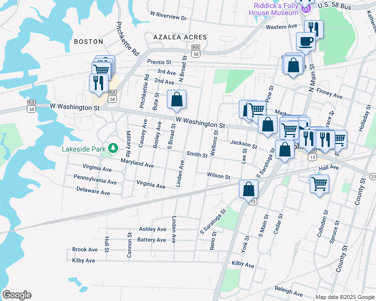 map of restaurants, bars, coffee shops, grocery stores, and more near 124 Linden Avenue in Suffolk