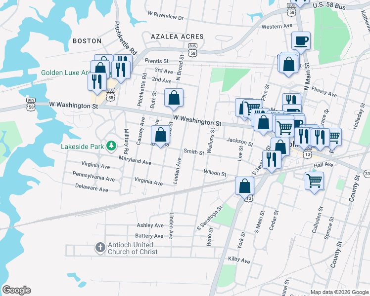 map of restaurants, bars, coffee shops, grocery stores, and more near 205 Linden Avenue in Suffolk