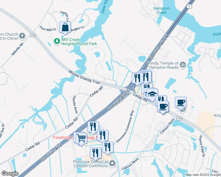 map of restaurants, bars, coffee shops, grocery stores, and more near 1737 Cedar Road in Chesapeake