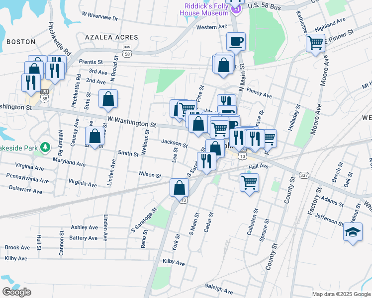 map of restaurants, bars, coffee shops, grocery stores, and more near 301 Jackson Street in Suffolk