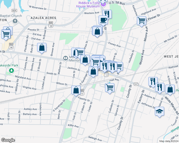map of restaurants, bars, coffee shops, grocery stores, and more near 130 South Saratoga Street in Suffolk