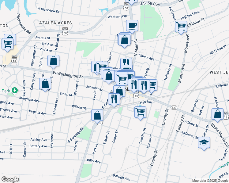 map of restaurants, bars, coffee shops, grocery stores, and more near 130 South Saratoga Street in Suffolk