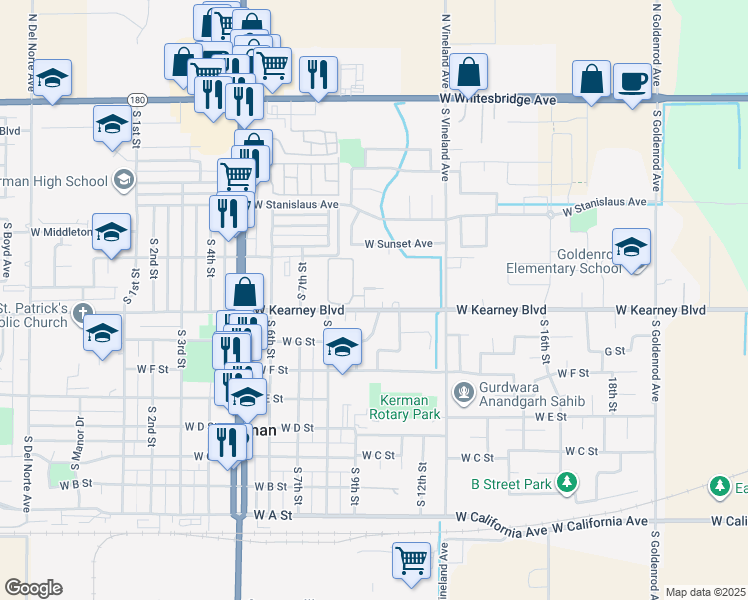 map of restaurants, bars, coffee shops, grocery stores, and more near 14615 West Kearney Boulevard in Kerman
