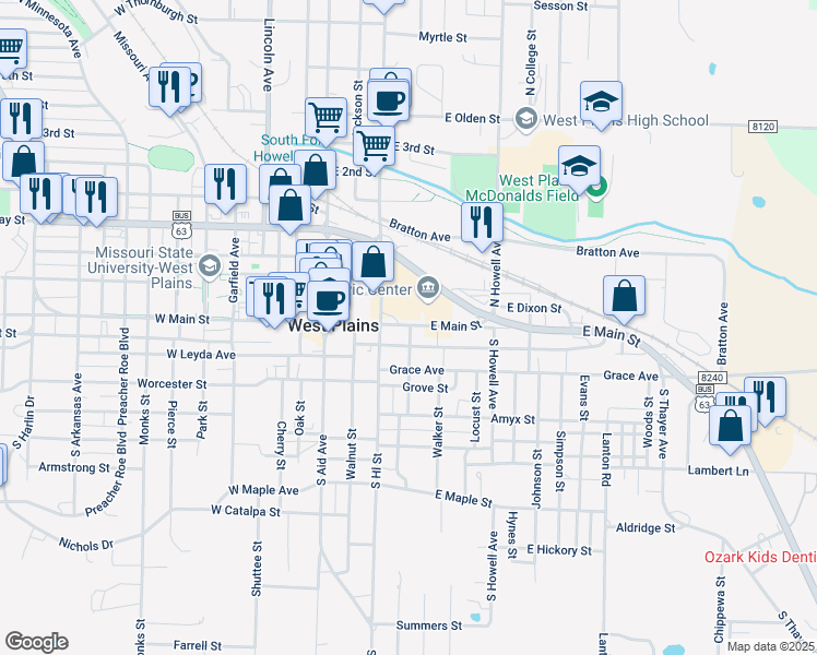 map of restaurants, bars, coffee shops, grocery stores, and more near 101-171 South Curry Street in West Plains