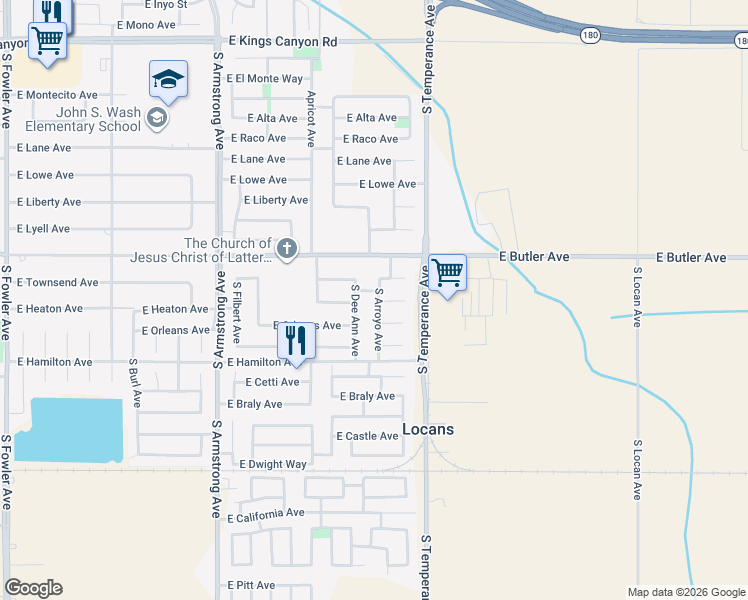 map of restaurants, bars, coffee shops, grocery stores, and more near 559 South Arroyo Avenue in Fresno