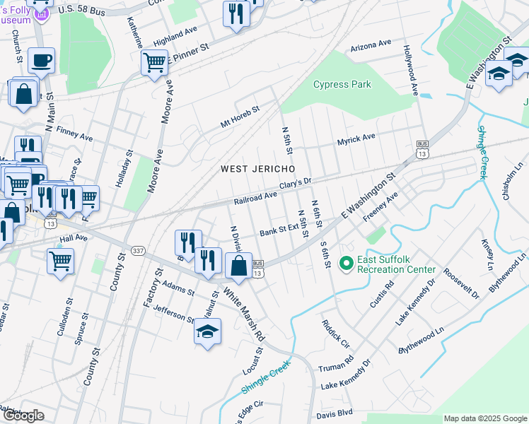map of restaurants, bars, coffee shops, grocery stores, and more near 215 North Capital Street in Suffolk