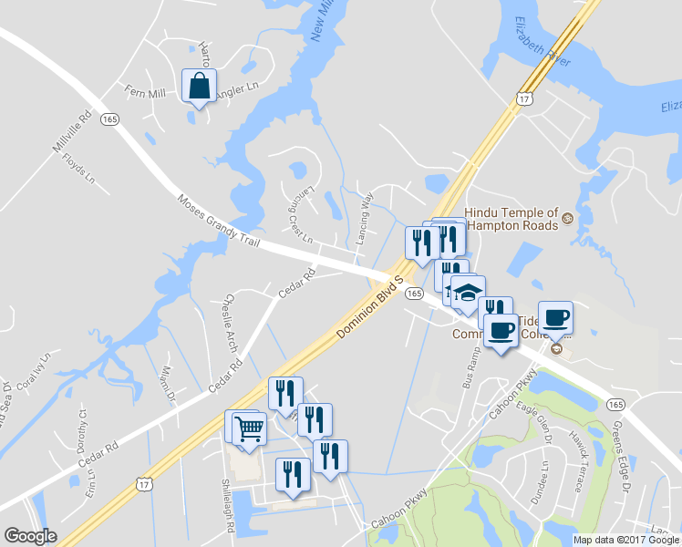map of restaurants, bars, coffee shops, grocery stores, and more near 1737 Cedar Road in Chesapeake