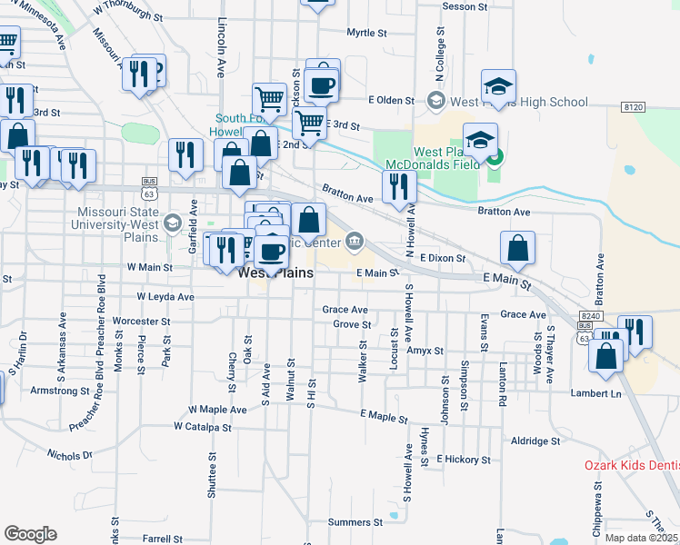 map of restaurants, bars, coffee shops, grocery stores, and more near 101 South Curry Street in West Plains