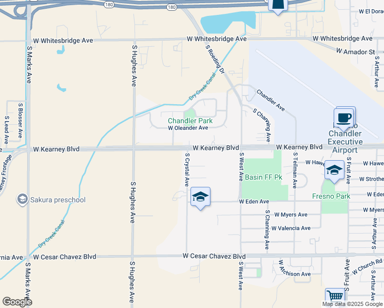 map of restaurants, bars, coffee shops, grocery stores, and more near 1635 West Kearney Boulevard in Fresno
