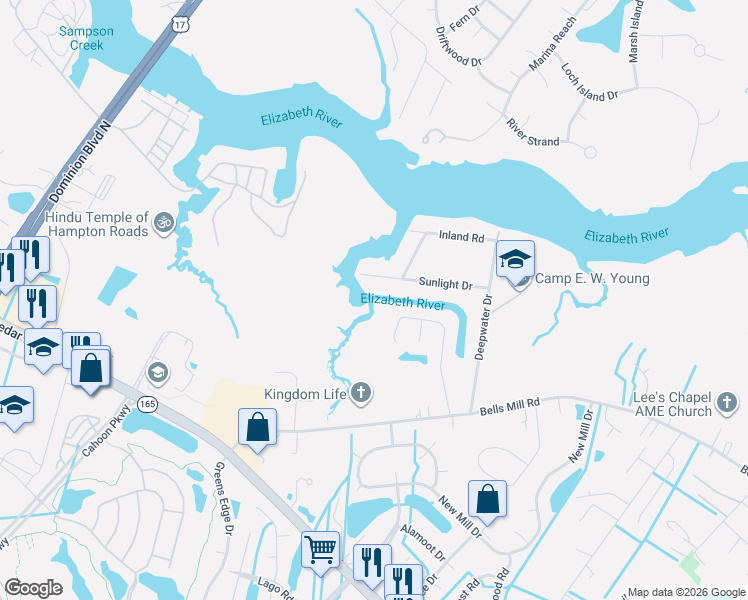 map of restaurants, bars, coffee shops, grocery stores, and more near 809 Falls Creek Drive in Chesapeake