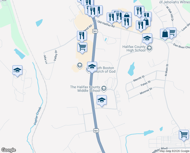 map of restaurants, bars, coffee shops, grocery stores, and more near 100 Sycamore Road in South Boston
