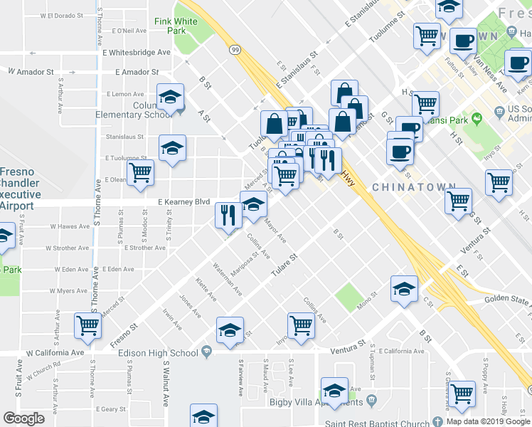 map of restaurants, bars, coffee shops, grocery stores, and more near 842 Fresno Street in Fresno