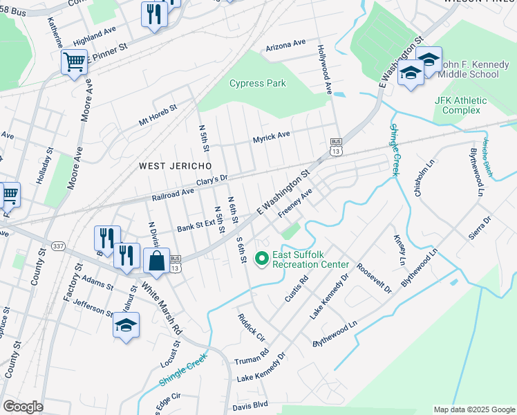 map of restaurants, bars, coffee shops, grocery stores, and more near 101 North 8th Street in Suffolk