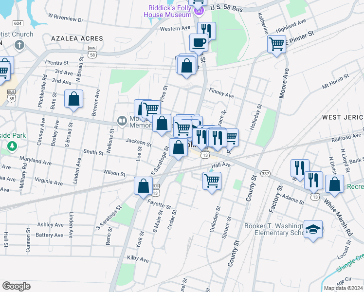 map of restaurants, bars, coffee shops, grocery stores, and more near 119 West Washington Street in Suffolk