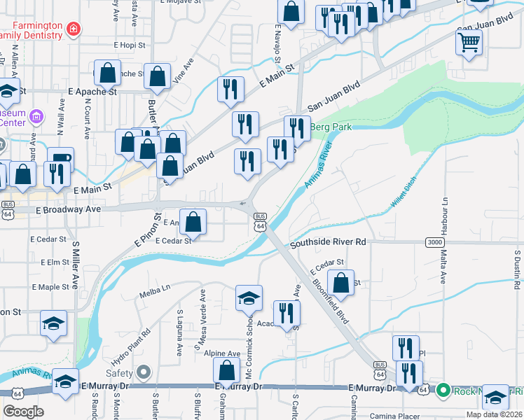 map of restaurants, bars, coffee shops, grocery stores, and more near 200 North Wagner Avenue in Farmington