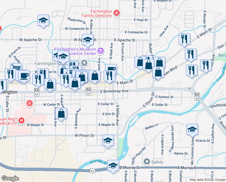 map of restaurants, bars, coffee shops, grocery stores, and more near 300 East Broadway Avenue in Farmington