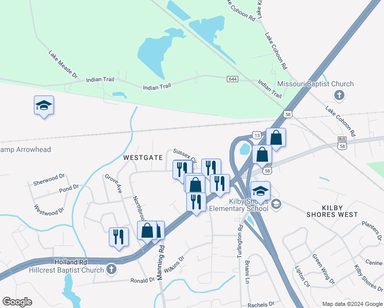 map of restaurants, bars, coffee shops, grocery stores, and more near 331 Sussex Court in Suffolk