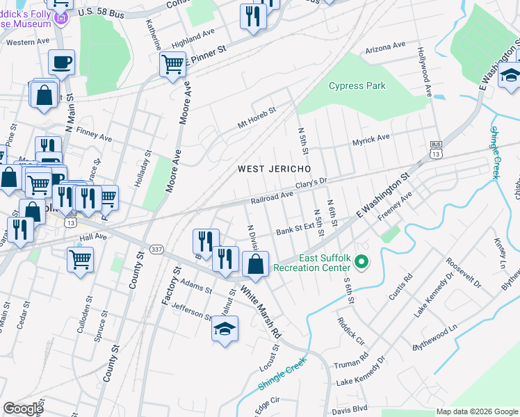 map of restaurants, bars, coffee shops, grocery stores, and more near 220 North Division Street in Suffolk