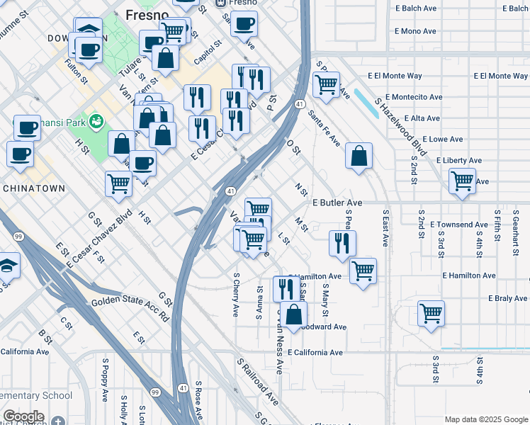 map of restaurants, bars, coffee shops, grocery stores, and more near 2202 Monterey Street in Fresno