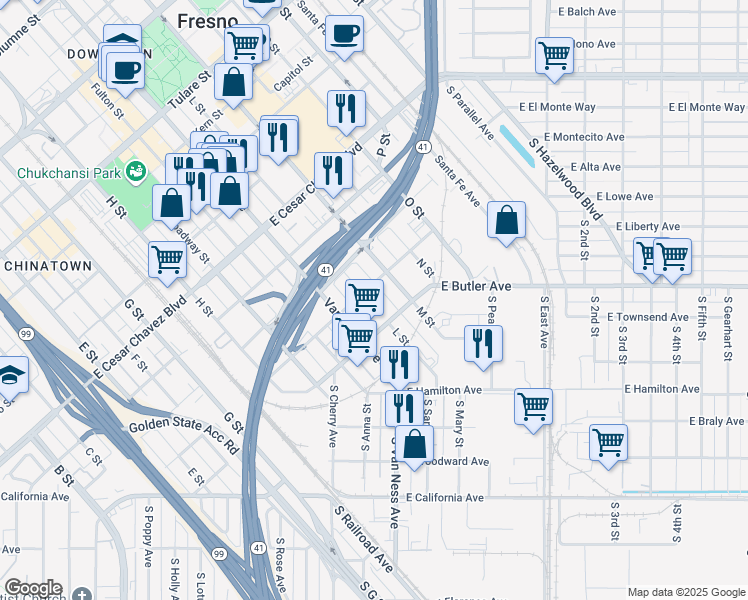 map of restaurants, bars, coffee shops, grocery stores, and more near 2202 Monterey Street in Fresno