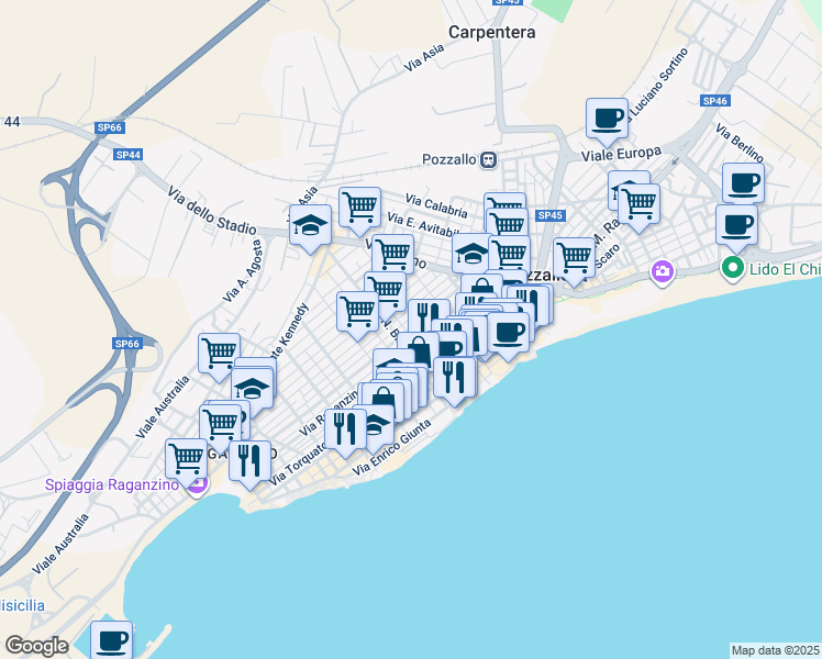 map of restaurants, bars, coffee shops, grocery stores, and more near 301 Via Nino Bixio in Pozzallo