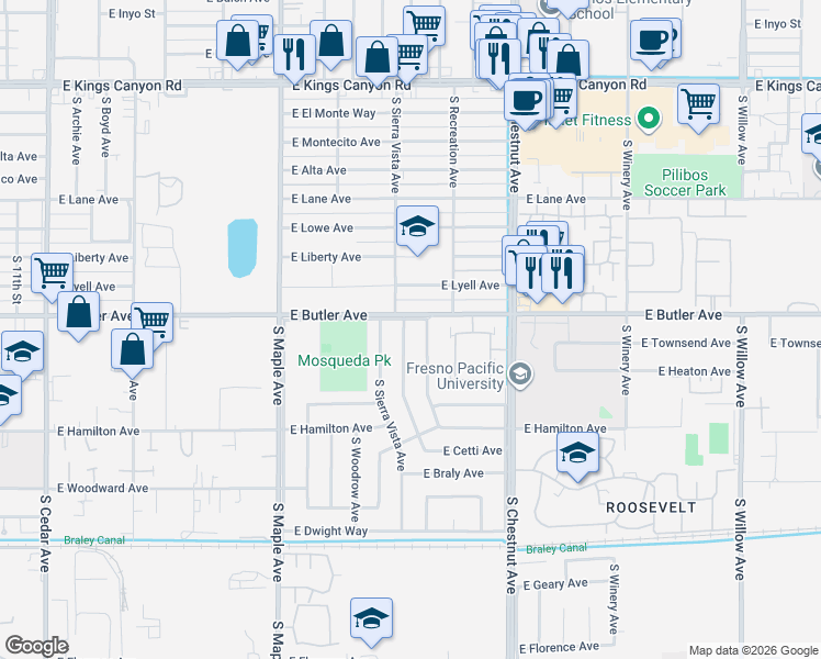 map of restaurants, bars, coffee shops, grocery stores, and more near 1519 South Whitney Avenue in Fresno