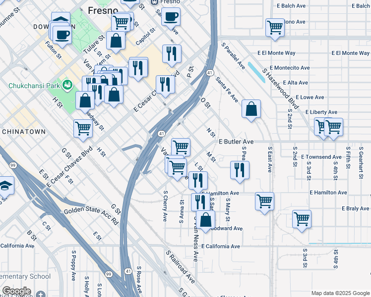 map of restaurants, bars, coffee shops, grocery stores, and more near 2199 Los Angeles Street in Fresno