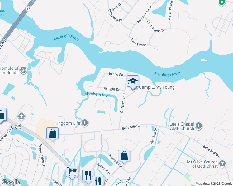 map of restaurants, bars, coffee shops, grocery stores, and more near 212 Deepwater Drive in Chesapeake