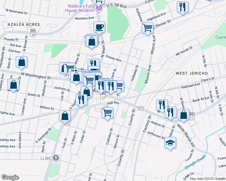 map of restaurants, bars, coffee shops, grocery stores, and more near 189 East Washington Street in Suffolk
