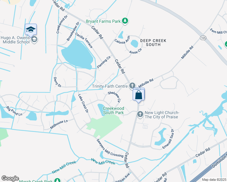 map of restaurants, bars, coffee shops, grocery stores, and more near 530 Shelview Circle in Chesapeake
