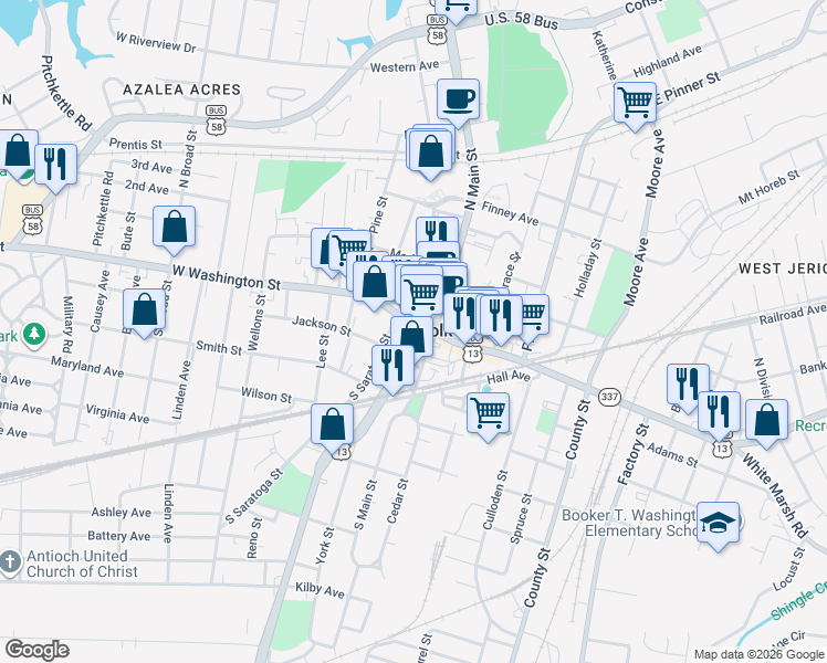 map of restaurants, bars, coffee shops, grocery stores, and more near 149 West Washington Street in Suffolk